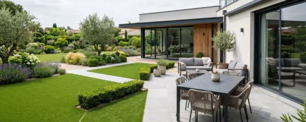 Un jardin français contemporain aménagé avec du gazon synthétique, terrasse moderne avec mobilier extérieur sous la lumière naturelle