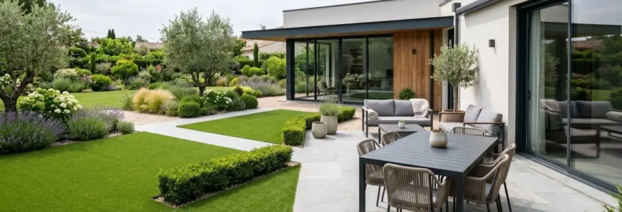 Un jardin français contemporain aménagé avec du gazon synthétique, terrasse moderne avec mobilier extérieur sous la lumière naturelle