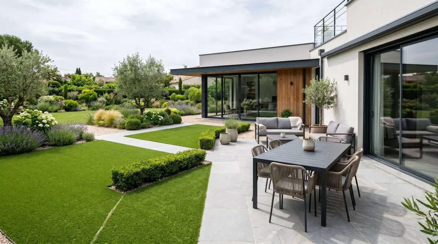 Un jardin français contemporain aménagé avec du gazon synthétique, terrasse moderne avec mobilier extérieur sous la lumière naturelle