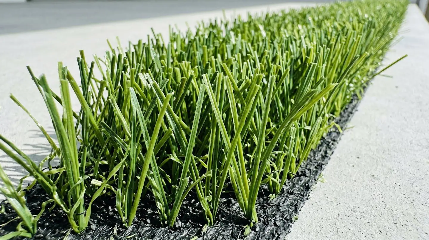 Gros plan macro sur des brins de gazon synthétique montrant la différence de hauteur et de texture avec un effet de profondeur de champ