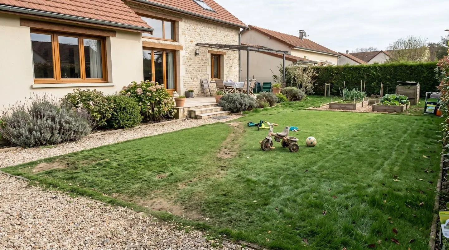 Surface de gazon synthétique haute densité dans un jardin français après usage familial, brins redressés dans zone de passage
