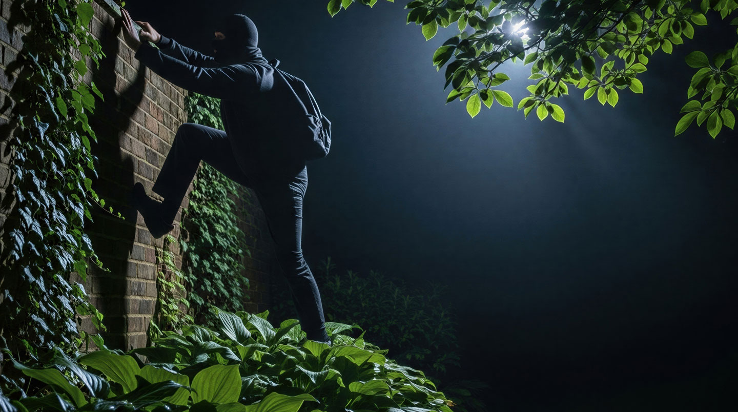 Jardin de nuit éclairé par un projecteur, une silhouette floue s'enfuit.