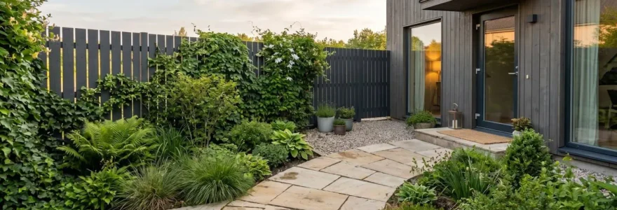 Jardin paisible avec une clôture rigide anthracite élégante et des plantes grimpantes.