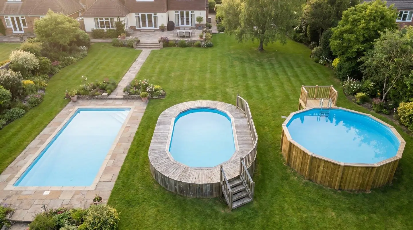 Vue aérienne d'un jardin présentant trois configurations de piscines différentes : enterrée, semi-enterrée et hors-sol