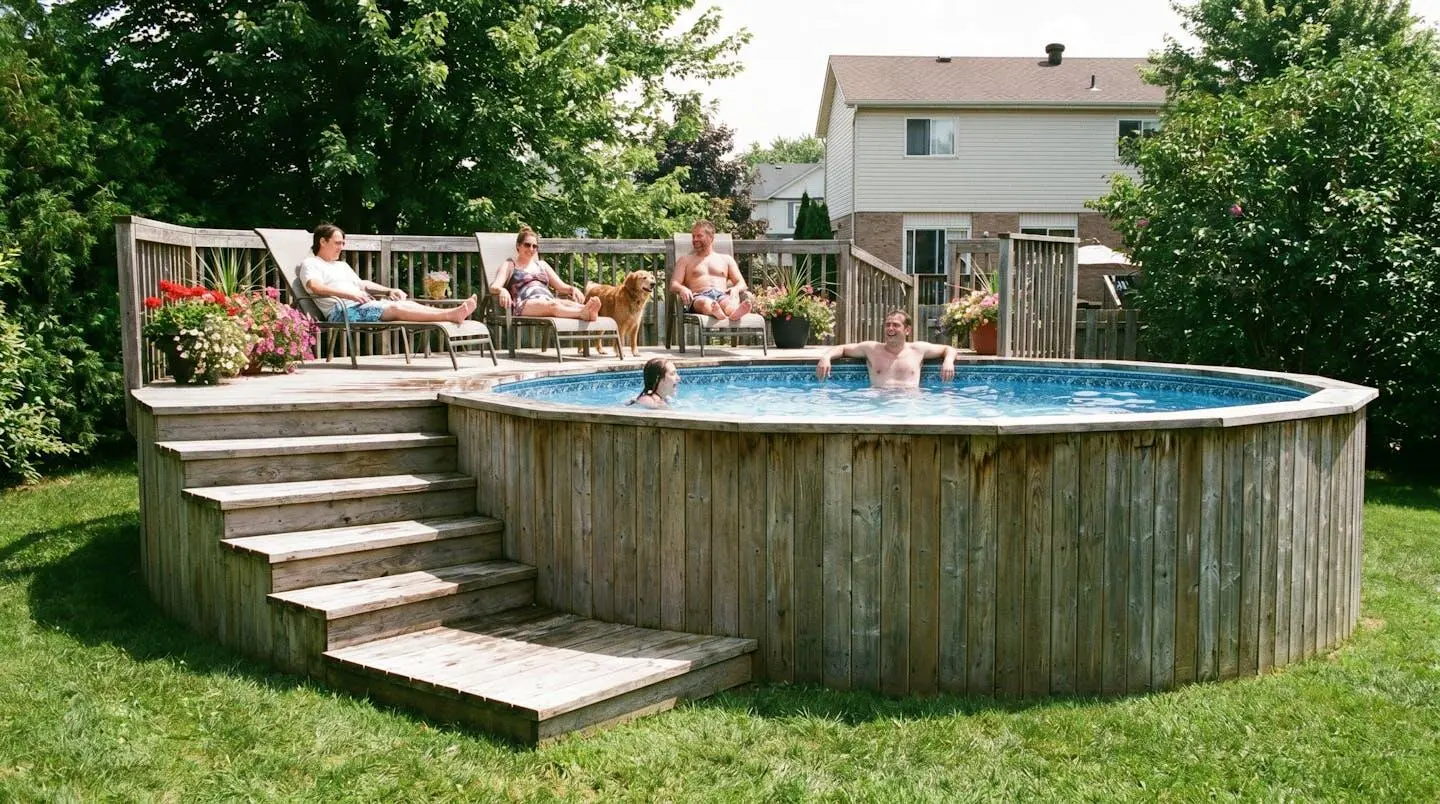 Piscine hors-sol en bois ronde installée dans un jardin verdoyant avec terrasse en bois autour