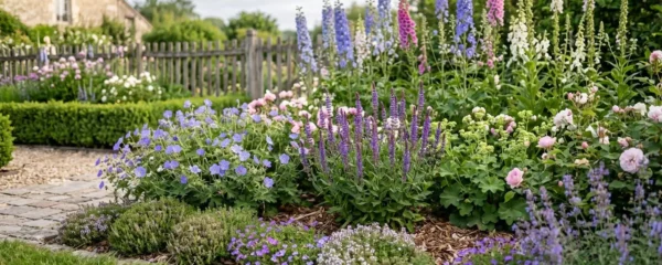 Massif de vivaces stratifié en trois hauteurs dans un jardin français, montrant des plantes couvre-sol au premier plan, des vivaces moyennes au centre et des hautes tiges en arrière-plan, avec paillage organique visible entre les touffes et floraison estivale colorée