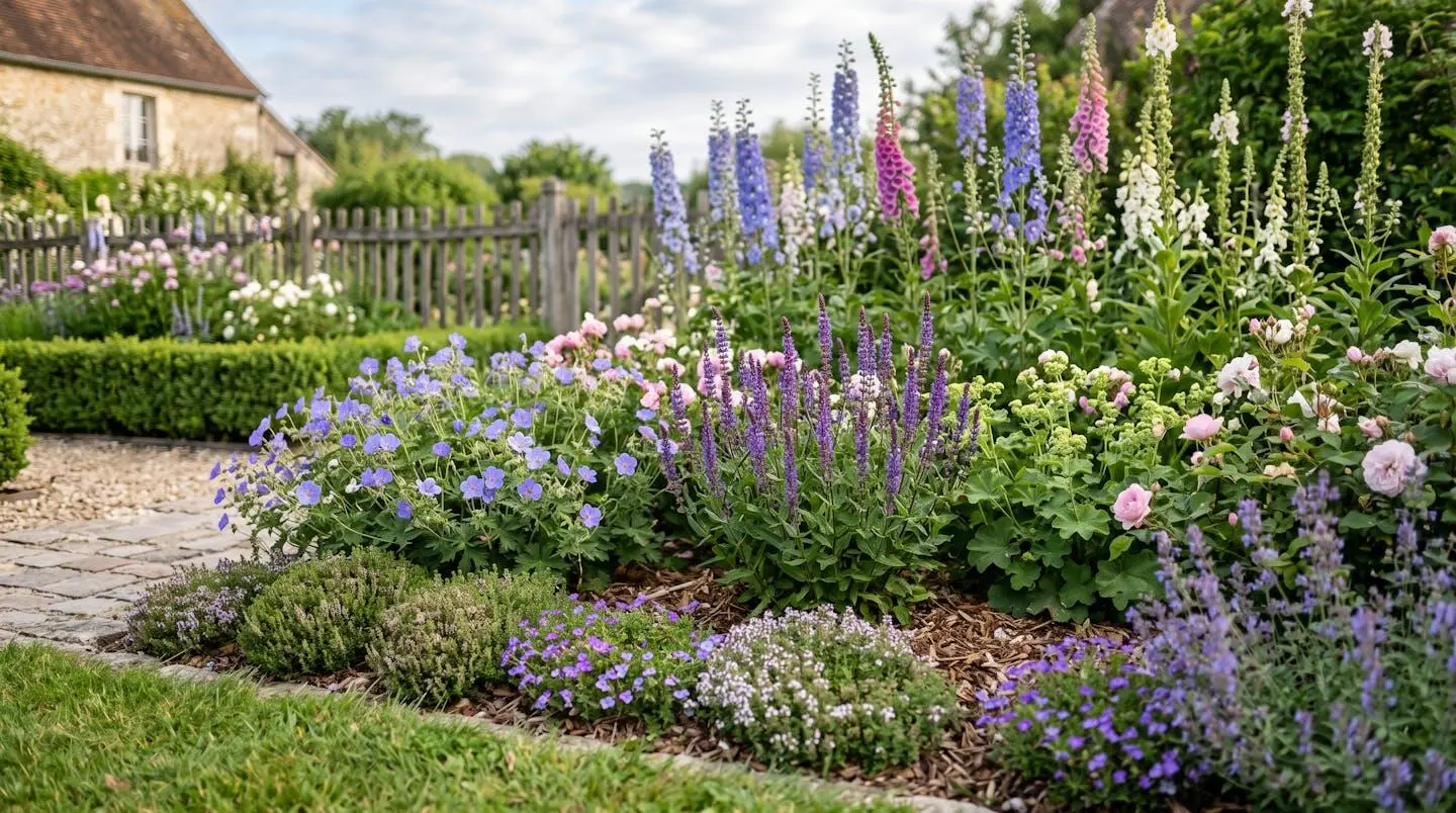 Massif de vivaces stratifié en trois hauteurs dans un jardin français, montrant des plantes couvre-sol au premier plan, des vivaces moyennes au centre et des hautes tiges en arrière-plan, avec paillage organique visible entre les touffes et floraison estivale colorée