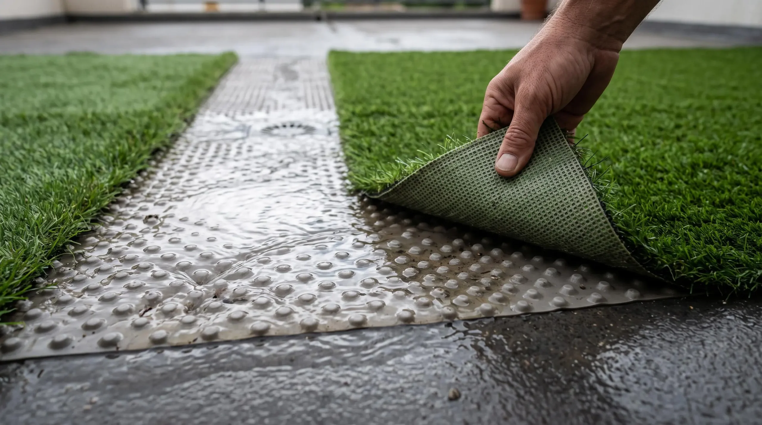 Un coin de gazon synthétique est soulevé pour montrer une lame d'écoulement drainante posée sur le béton étanche d'une terrasse.