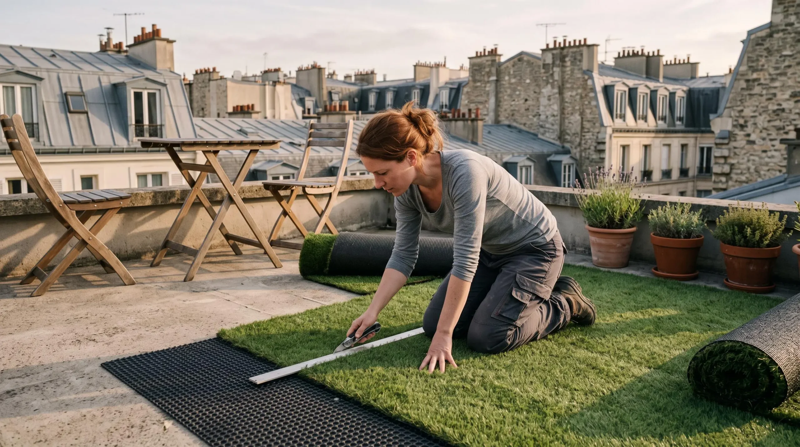 Une personne déroule et coupe un rouleau de gazon synthétique sur une terrasse en béton équipée d'une sous-couche drainante.